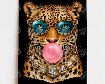 Trendy Leopard Bubblegum Sunglasses PNG Digital Download Big Cat Graphic Retro Animal Fashion Shirt Poster Design File