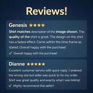 May include: Image displaying customer reviews. The text reads "Reviews!" at the top. Two reviews are shown, one from Genesis and one from Dianne, each with a five-star rating. Genesis's review mentions the shirt's quality and design. Dianne praises the customer service.