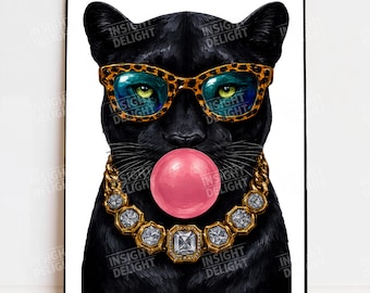 Trendy Panther Bubblegum Sunglasses PNG Digital Download Black Panther Graphic Retro Animal Fashion Shirt Poster Design File