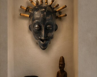 Hand Carved African Wood Mask Vintage Tribal Wall Art Decorative Wall Hanging Sculptural Mask With Crown Headdress 15 Inch