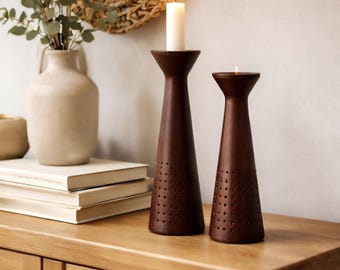 Modern Rustic Wooden Candle Holder Set | 9” & 11” Farmhouse Decor | Minimalist Table Centerpiece | Boho Home Accent | Warm Wood Tones