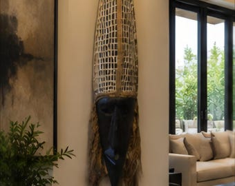 Vintage Hand Carved African Wall Mask With Woven Headdress 39 Inch Large Tribal Style Wood Wall Decor