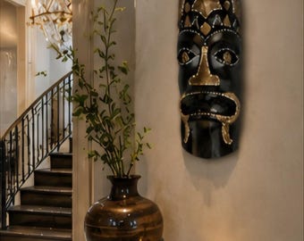 Hand Carved African Wall Mask Black and Gold Decorative Tribal Wall Art Wood Wall Hanging Home Decor 14.5 Inch