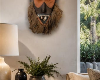 African Mask Malindi Warega Style Zaire Congo Cow Teeth Raffia Beard Hand Carved Wood Wall Art 18 Inch Vintage Tribal Decor