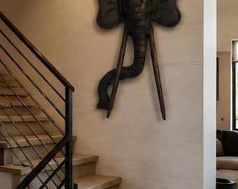 Hand Carved African Elephant Wall Sculpture Large 28 Inch Wooden Elephant Head Wall Decor Tribal Safari Decor Statement Wall Art Vintage Hom