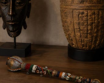 Vintage Maasai Lion Weapon Hand Carved Beaded Rungu Club Cowrie Shell African Tribal Art 17.75 Inch Decorative Collectors Item