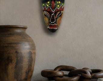 Vintage  African Tribal Wall Mask Nine Inch Colorful Handmade Wall Decor Ethnic Art Collectible Cultural Home Accent