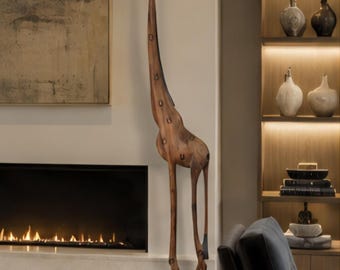 Hand Carved African Giraffe Sculpture Extra Large 80 Inch Floor Sculpture Tall Safari Decor Luxury Statement Piece One Of A Kind Wood Carvin