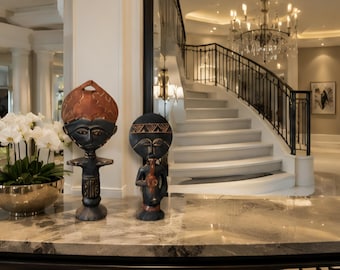 Vintage Hand Carved Akua Ba Fertility Dolls Pair Ghana African Art Set Of Two 16 Inch And 13 Inch