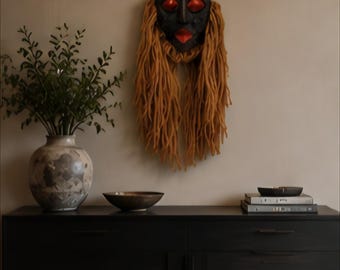 Hand Carved African Ceremonial Style Wall Mask Large 24 Inch Wooden Tribal Wall Decor Raffia Fiber Mask