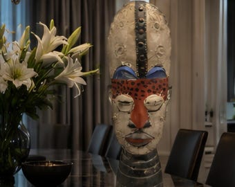 Vintage Hand Carved African Tabletop Sculpture Wood and Metal Bust 19 Inch Tribal Art Decor