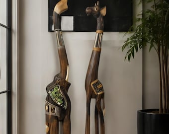 Hand Carved Elephant and Giraffe Sculpture Set African Wood Statues Safari Decor Tall Floor Standing Art Decorative Animal Pair 39 Inch