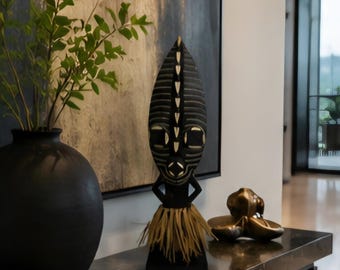 Vintage Hand Carved African Style Standing Mask Sculpture Heavy Solid Wood Tribal Decor Nineteen Inch Wooden Figure Wall Shelf Display