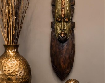 Large Hand Carved African Style Wall Mask 30 Inch Wooden Tribal Wall Decor Statement Art Boho Luxury Home Decor