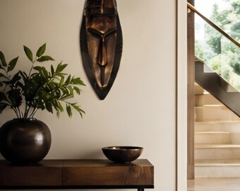 Vintage Hand Carved African Wood Wall Mask 17 Inch Elongated Tribal Style Wall Decor Rustic Modern Home Accent