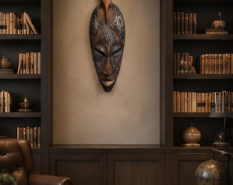 Hand Carved African Wall Mask Bird Crest Tribal Style Wood Wall Art Vintage African Decor Seventeen Inch Statement Piece