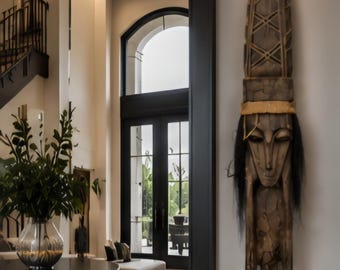 Large Hand Carved African Wood Sculpture 58 Inch Standing Tribal Style Figure Floor Statue One of a Kind Statement Decor