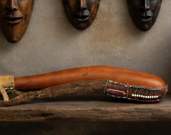 Vintage Maasai Milk Gourd Kenya Handcrafted Leather Beaded African Water Vessel Isebania Tribal Decor Twenty Inch