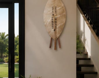 Authentic Zulu Style Cowhide Shield Wall Decor 36 Inch Handcrafted African Shield Natural Hide Tribal Wall Art Vintage Collector Display