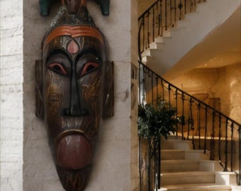 Hand Carved African Elephant Crest Wall Mask 24 Inch Vintage Wooden Tribal Style Decor