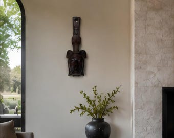 Hand Carved African Ceremonial Style Wooden Head Bowl Wall Sculpture 18 Inch Vintage Tribal Decor