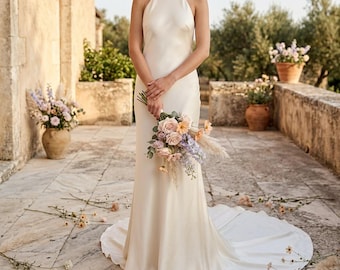 Satin Halter Wedding Dress Open Back Bridal Gown Custom Fit Minimalist Civil Ceremony Dress Elegant Elopement Bride
