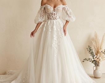 Vestido de novia de lujo con apliques de encaje, vestido de novia con hombros descubiertos, corte A, tul, cola larga, vestido de novia, regalo de boda de primavera y verano
