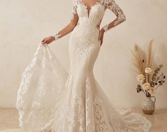 Vestido de novia de sirena de manga larga con lentejuelas y encaje. Vestido de novia elegante y modesto con cola larga para bodas de verano.