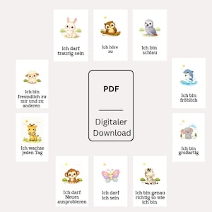Könnte beinhalten: Ein digitaler Download mit illustrierten Karten mit deutschen Affirmationen und Tierillustrationen. Die Karten zeigen ein Kaninchen, eine Eule, ein Schaf, eine Giraffe, einen Delfin, einen Elefanten, einen Affen, einen Schmetterling und ein Zebra. Der Text enthält Sätze wie "Ich bin traurig" und "Ich bin glücklich."