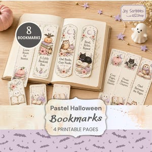 May include: A set of eight rectangular paper bookmarks featuring pastel Halloween illustrations of ghosts, owls, pumpkins, and black cats. The designs include text such as A Little Bookish Boo, Owl Books, Cozy Nooks, and Read, Relax, Repeat.