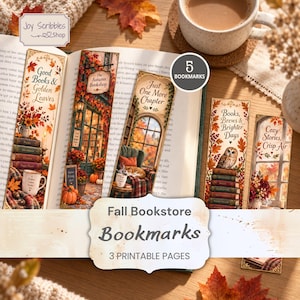 May include: Five rectangular bookmarks featuring autumn-themed illustrations of bookstores, books, owls, and cozy decor. The text on the bookmarks includes Good Books & Golden Leaves, The Autumn Bookshop, Just One More Chapter, Books, Brews & Brighter Days, and Cozy Stories, Crisp Air.