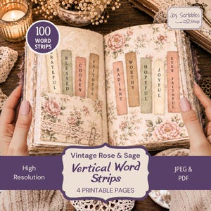 Peut inclure: Un ensemble de 100 bandes de mots imprimables avec des motifs floraux vintage dans des tons rose et sauge. Les bandes affichent des mots tels que Grateful, Blessed, Chosen, Faithful, Radiant, Worthy, Hopeful, Joyful et Ever Faithful.