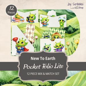 Puede incluir: Un conjunto "New To Earth Pocket Folio Lite" de 12 piezas con ilustraciones de extraterrestres verdes en varias poses. El conjunto incluye un diseño mixto con un fondo de acuarela y el texto "12 Pieces".