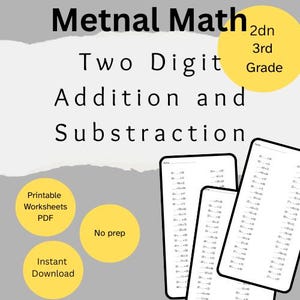 May include: A digital worksheet for 3rd grade math, featuring two-digit addition and subtraction problems. The image includes the text "Metnal Math," "Two Digit Addition and Subtraction," and "Printable Worksheets PDF."