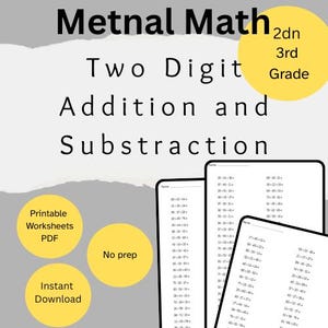 May include: A digital worksheet for 3rd grade math, featuring two-digit addition and subtraction problems. The image includes the text "Metnal Math," "Printable Worksheets PDF," and "Instant Download."