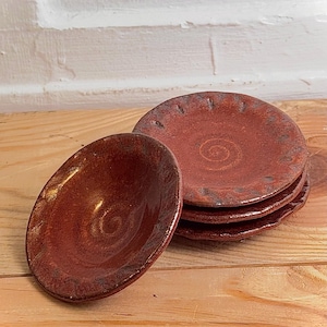 Handmade Ceramic Olive Oil Dipping Dish | Mini Stoneware Sauce Bowl | Red Pottery Condiment Dish - Set of 4