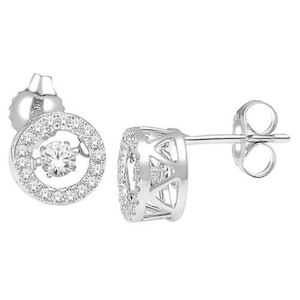 May include: A pair of silver stud earrings with a round, clear stone surrounded by smaller stones in a halo setting. The earrings have a delicate, intricate design.