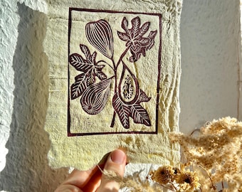 Stampa su linoleum "Fichi freschi" su carta di curcuma fatta a mano