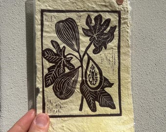 Linocut print "Fresh Figs" on handmade turmeric paper