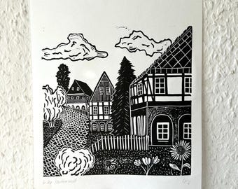 Linoldruck Umgebindehäuser „In der Nachbarschaft“