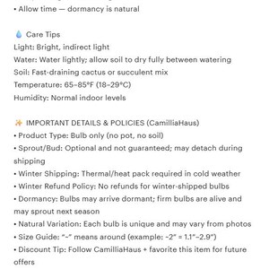 May include: Informational text on a white background details how to grow bulbs, including care tips for light, water, and soil. The text also includes important details and policies regarding the product, such as winter shipping and refund policies.