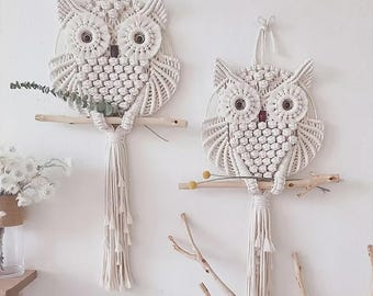 Macrame Owl Wall Hanging – Boho Nursery Decor, Natural Branch Tassels