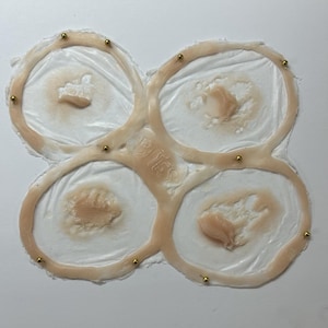 May include: A prosthetic makeup appliance featuring four simulated bite marks. Each mark is a flesh-toned, irregular shape, surrounded by a light pink ring. The appliance is attached with small gold-colored studs. The word "BITES" is visible.