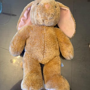 May include: A plush stuffed animal in the shape of a rabbit with light brown fur. The rabbit features long, floppy ears with soft pink fabric on the inner side, a small pink stitched nose, and dark eyes. The toy has a rounded head and body.