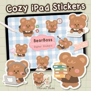 May include: A collection of "Cozy iPad Stickers" featuring brown bear illustrations in various work-related scenarios. The stickers include text that reads "BearBoss Productivity Planner Goodnote Digital Stickers" and "Ruruka Studio".