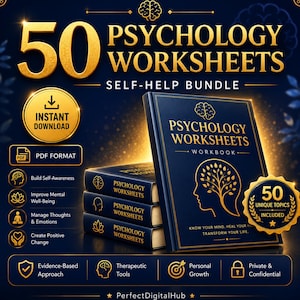 Könnte beinhalten: Ein digitales Bündel von 50 Psychologie-Arbeitsblättern im Arbeitsbuchformat. Der dunkelblaue Einband zeigt goldenen Text mit der Aufschrift Psychology Worksheets, ein Gehirnsymbol und eine Baumsilhouette in einem menschlichen Kopfprofil.