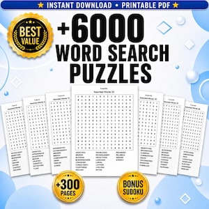 Puede incluir: Una colección digital de 6000 sopas de letras en formato PDF imprimible. La imagen presenta una insignia dorada con el texto BEST VALUE, el título +6000 WORD SEARCH PUZZLES y dos insignias circulares doradas que indican +300 PAGES y BONUS SUDOKU.