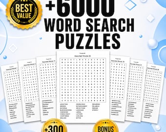 Peut inclure: Une collection numérique de 6000 mots mêlés au format PDF imprimable. L'image présente un badge doré BEST VALUE, le texte +6000 WORD SEARCH PUZZLES, ainsi que deux badges circulaires dorés indiquant +300 PAGES et BONUS SUDOKU.