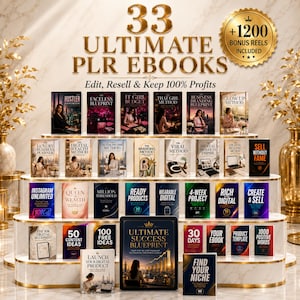 May include: A collection of 33 digital ebooks titled Ultimate PLR Ebooks, featuring titles like The Hustler Handbook, The Faceless Blueprint, and Ultimate Success Blueprint. The display includes a gold seal stating +1200 Bonus Reels Included.