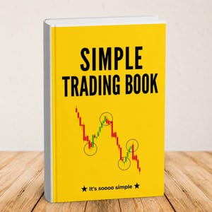May include: A hardcover book titled "SIMPLE TRADING BOOK" with a bright yellow cover. The cover features a stock chart with green and red lines, and the text "It's soooo simple" with star symbols.